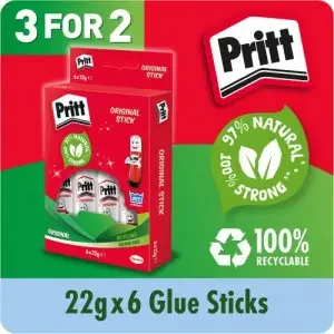 Pritt Original Glue Stick Sustainable Long Lasting Strong Adhesive Solvent Free Value Pack 22g (Pack 6) – Buy 2 Get 1 Free – 1456071 X3