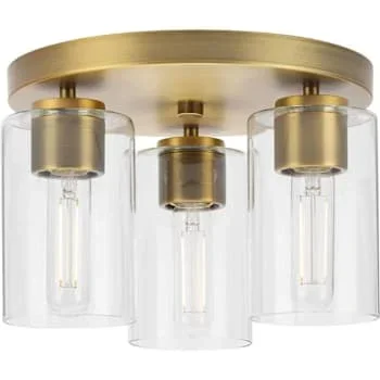 Progress Lighting Cofield 3-Light Flush Mount, 12″, Vintage Brass, Clear