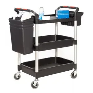 Proplaz Plus Trolley; 3 Deep Trays c/w Hook On Buckets; Swivel (x2 Braked)Castors; Anodised Aluminium/Plastic; 150kg; Black/Silver