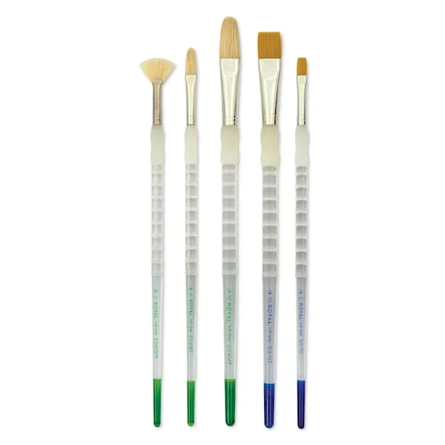 Royal & Langnickel Soft Grip White Bristle and Golden Taklon Brushes – Set 504, Long Handle, Set of 5