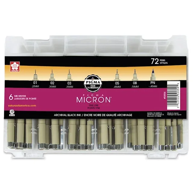 Sakura Pigma Micron Pens – Set of 72, Black, Assorted Sizes