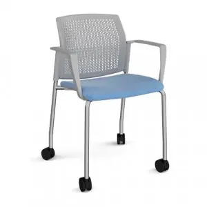 Santana 4 leg mobile chair with fabric seat and perforated grey back, chrome frame with castors and fixed arms – made to order