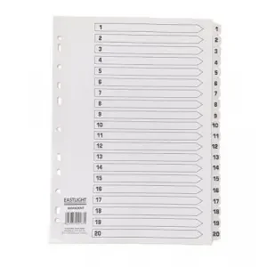 Set of 20 Numerically Marked 1-20 Miltipunched A4 Dividers with Mylar Reinforced Holes and Front Index Sheet