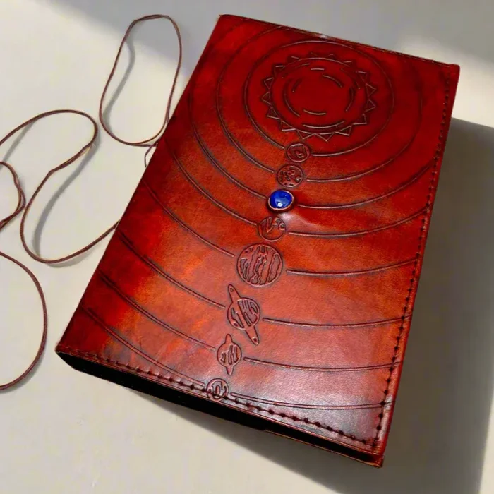 Space Odyssey Refillable Leather Journal with Solar System Design & Cobalt Stone