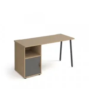 Sparta straight desk 1400mm x 600mm with A-frame leg and support pedestal with cupboard door – charcoal frame, oak finish with grey door