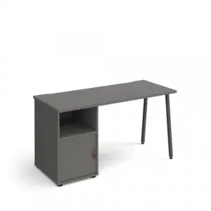 Sparta straight desk 1400mm x 600mm with A-frame leg and support pedestal with cupboard door – charcoal frame, grey finish with grey door