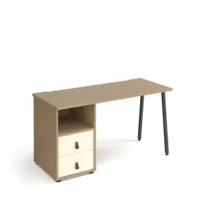 Sparta straight desk 1400mm x 600mm with A-frame leg and support pedestal with drawers – charcoal frame, oak finish with white drawers