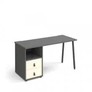 Sparta straight desk 1400mm x 600mm with A-frame leg and support pedestal with drawers – charcoal frame, grey finish with white drawers