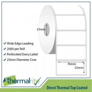 Thermalrite Direct Thermal Labels 76x25mm 25mm core (Pack 20 Rolls of 2000 Labels per Roll) – RL76.25DT-25
