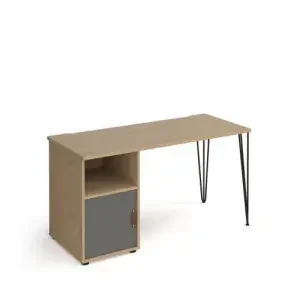 Tikal straight desk 1400mm x 600mm with hairpin leg and support pedestal with cupboard door – black legs, oak finish with grey door