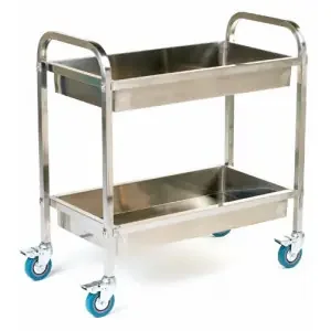 Tray Trolley; 2 Deep Shelves; Swivel (x4 Braked) Castors; Stainless Steel; 100kg; Silver