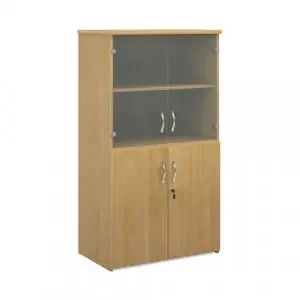 Universal combination unit with glass upper doors 1440mm high with 3 shelves – oak