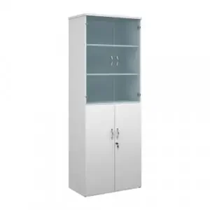 Universal combination unit with glass upper doors 2140mm high with 5 shelves – white