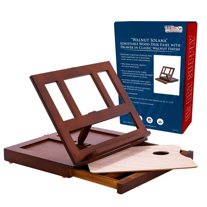 Walnut Adjustable Wooden Art Easel: Portable Tabletop Easel with Storage 3-Drawers & Paint Palette – Beechwood Table Top Easels for Painting, Canvas, Artist Stand & Drawing Board